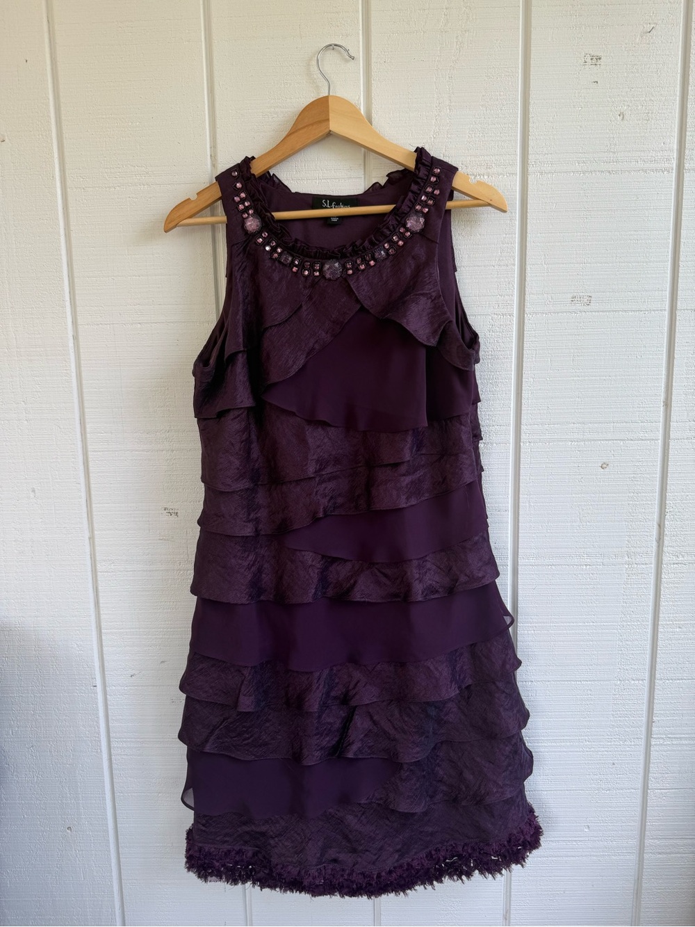 S.L. Fashions Purple Tiered Ruffle Beaded Sleeveless Midi Dress Size 14